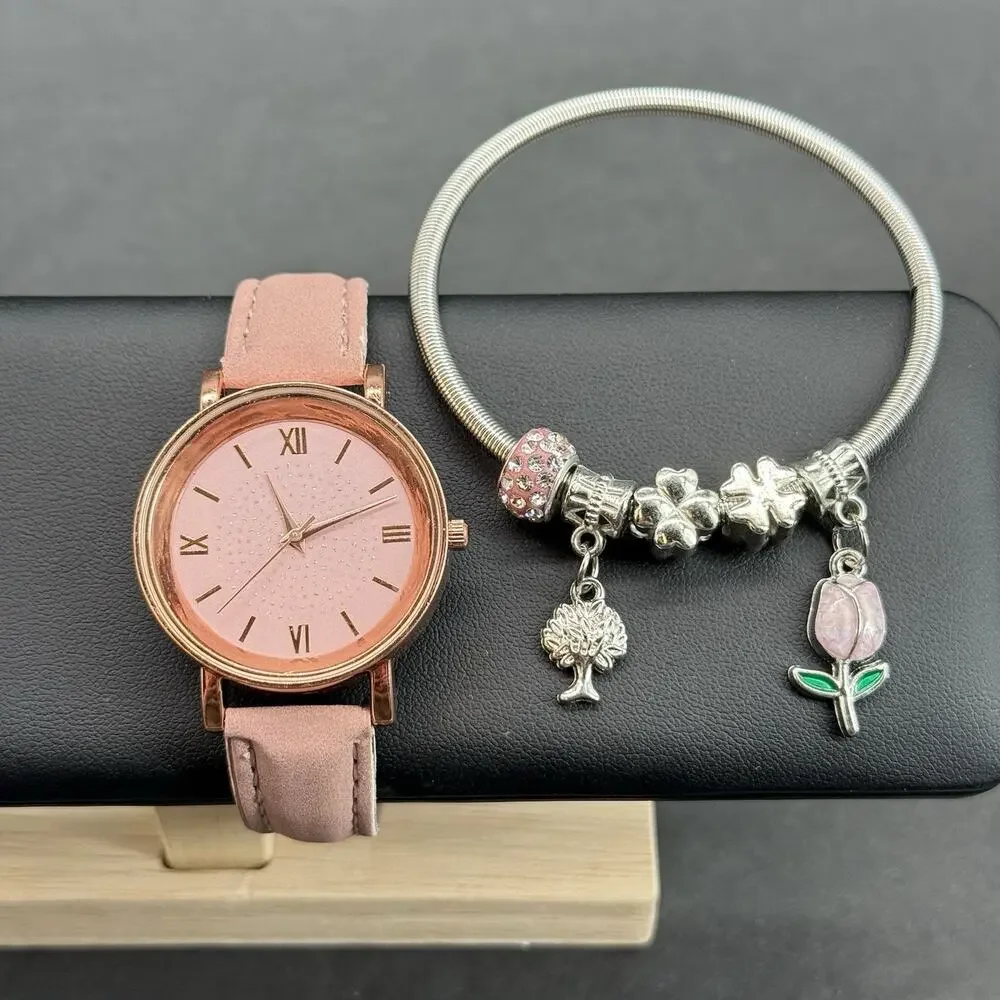 Women’s Pink Watch and Charm Bracelet 2pc Gift Set Rose Gold Tone Casual Quartz